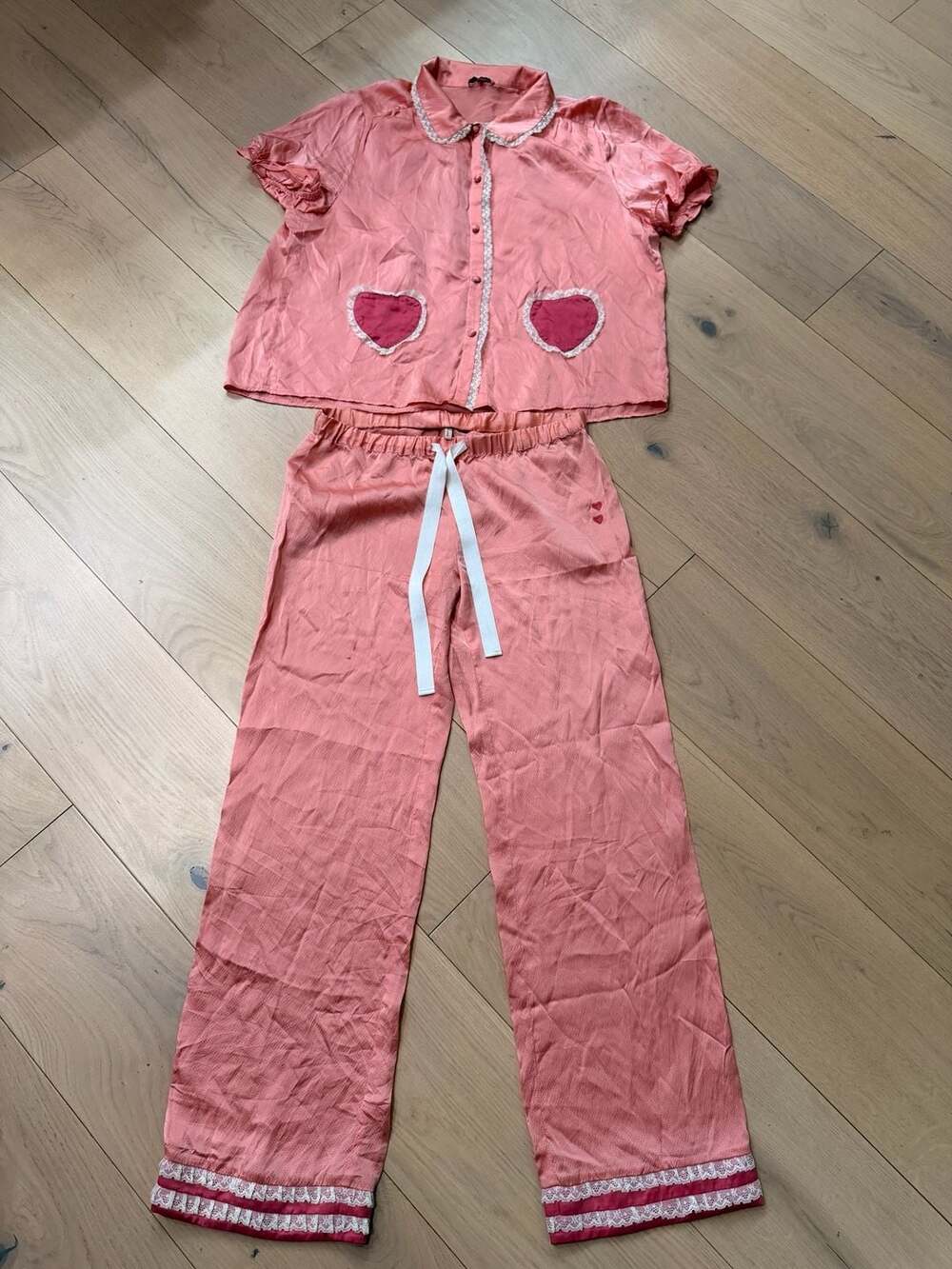 Morgan Lane 100% Silk Heart Pocket Pajama Set Size L
